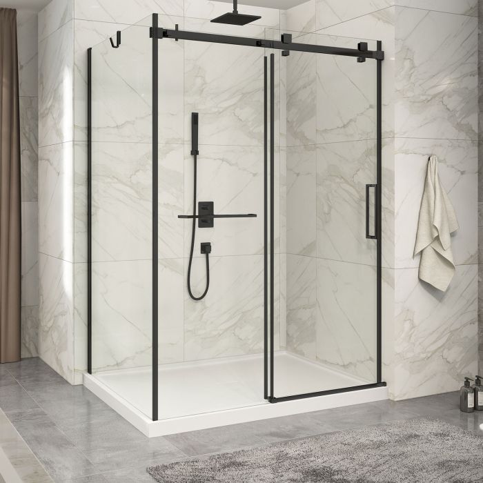 Porte de douche 60 po x Piazza 2.0 42 po en coin noir mat fermeture sur mur mur à droite