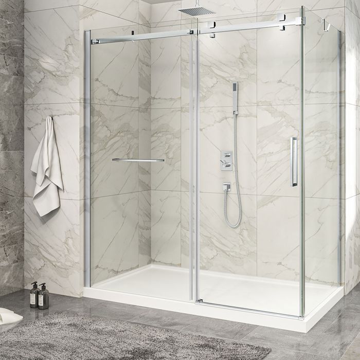 Porte de douche 72 po x Piazza 2.0 32 po en coin chrome fermeture sur retour mur à gauche porte à droite
