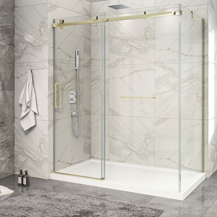 Porte de douche 72 po x Piazza 2.0 32 po en coin or brossé fermeture sur mur mur à gauche porte à gauche en or brossé