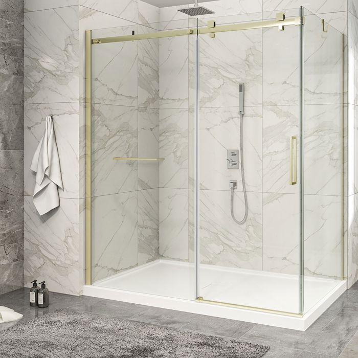 Porte de douche 72 po x Piazza 2.0 42 po en coin or brossé fermeture sur retour mur à gauche porte à droite en or brossé