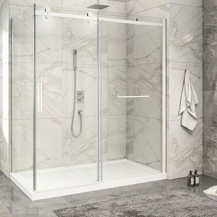 Porte de douche 72 po x Piazza 2.0 36 po en coin blanc mat fermeture sur retour mur à droite porte à gauche