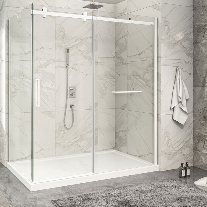 Porte de douche 72 po x Piazza 2.0 42 po en coin blanc mat fermeture sur retour mur à droite porte à gauche