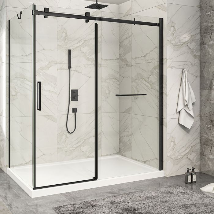 Porte de douche 72 po x Piazza 2.0 42 po en coin noir mat fermeture sur retour mur à droite porte à gauche