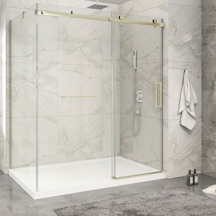 Porte de douche 72 po x Piazza 2.0 42 po en coin or brossé fermeture sur mur mur à droite en or brossé