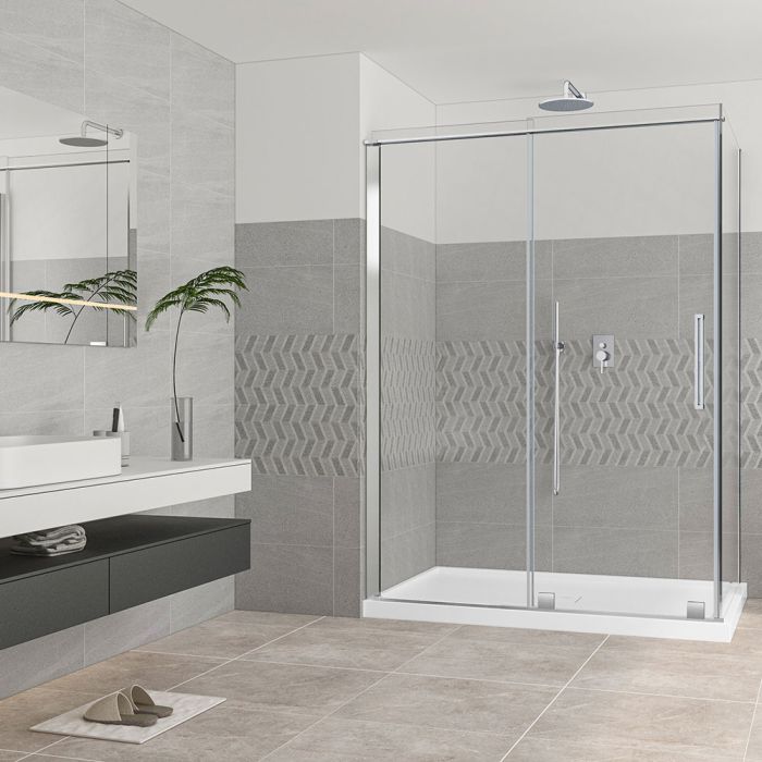 Porte de douche 60 po x Quadro 42 po en coin chrome fermeture sur retour mur à droite porte à gauche