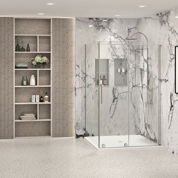 Porte de douche 48 po x Slim 42 po en coin chrome fermeture sur retour mur à droite porte à gauche