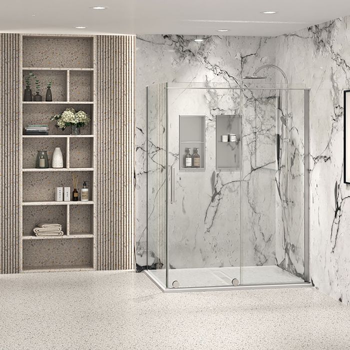 Porte de douche 60 po x Slim 36 po en coin chrome fermeture sur retour mur à droite porte à gauche