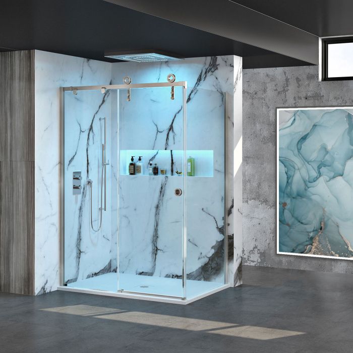 Porte de douche Tron en coin fermeture sur retour mur à gauche porte à droite en inox brossé