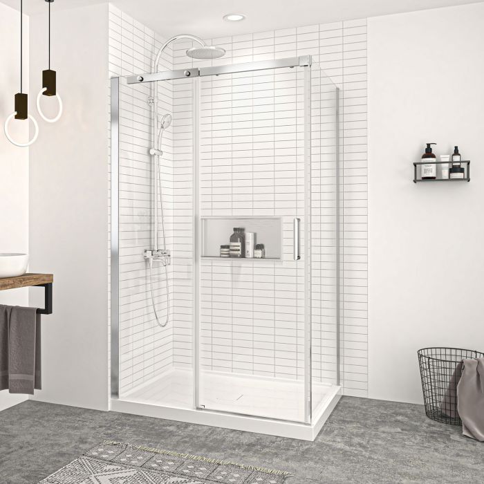 Porte de douche 48 po x Vague 36 po en coin chrome fermeture sur retour mur à gauche porte à droite