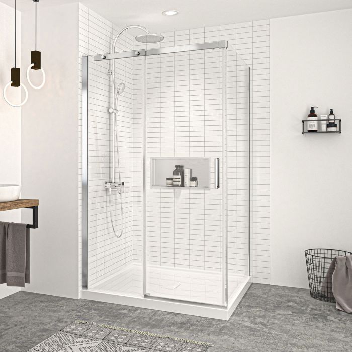 Porte de douche 48 po x Vague 42 po en coin chrome fermeture sur retour mur à gauche porte à droite