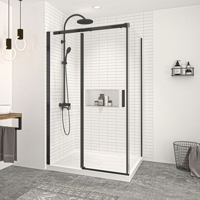 Porte de douche 48 po x Vague 42 po en coin noir mat fermeture sur retour mur à gauche porte à droite