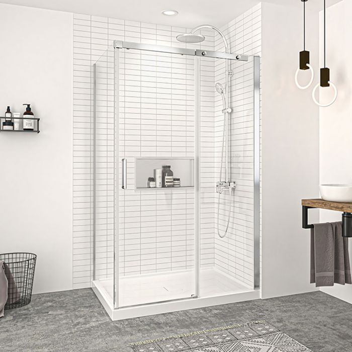 Porte de douche 48 po x Vague 32 po en coin chrome fermeture sur retour mur à droite porte à gauche