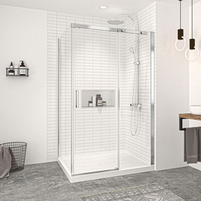 Porte de douche 48 po x Vague 42 po en coin chrome fermeture sur retour mur à droite porte à gauche