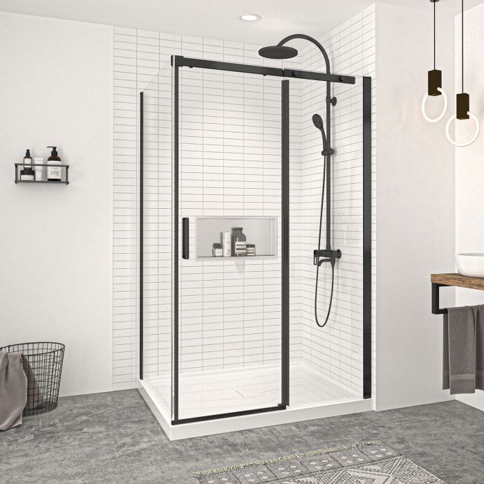 Porte de douche 48 po x Vague 42 po en coin noir mat fermeture sur retour mur à droite porte à gauche