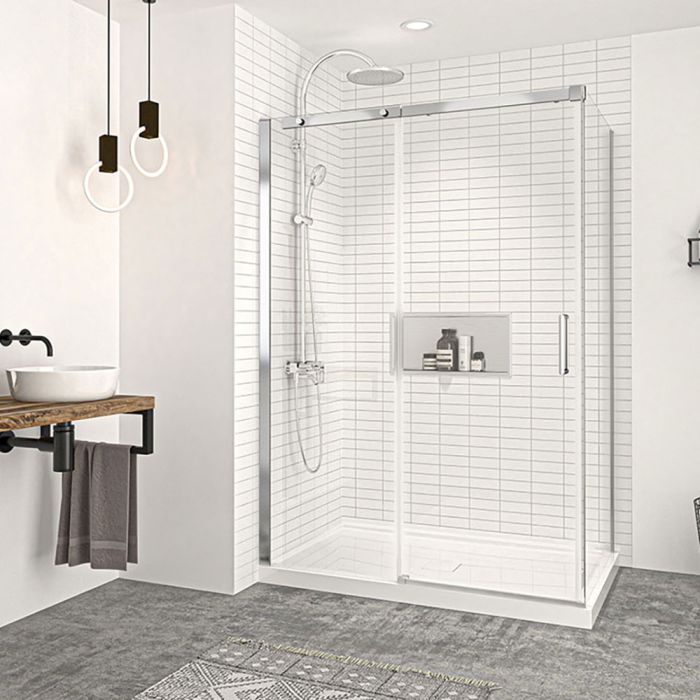 Porte de douche 54 po x Vague 32 po en coin chrome fermeture sur retour mur à gauche porte à droite