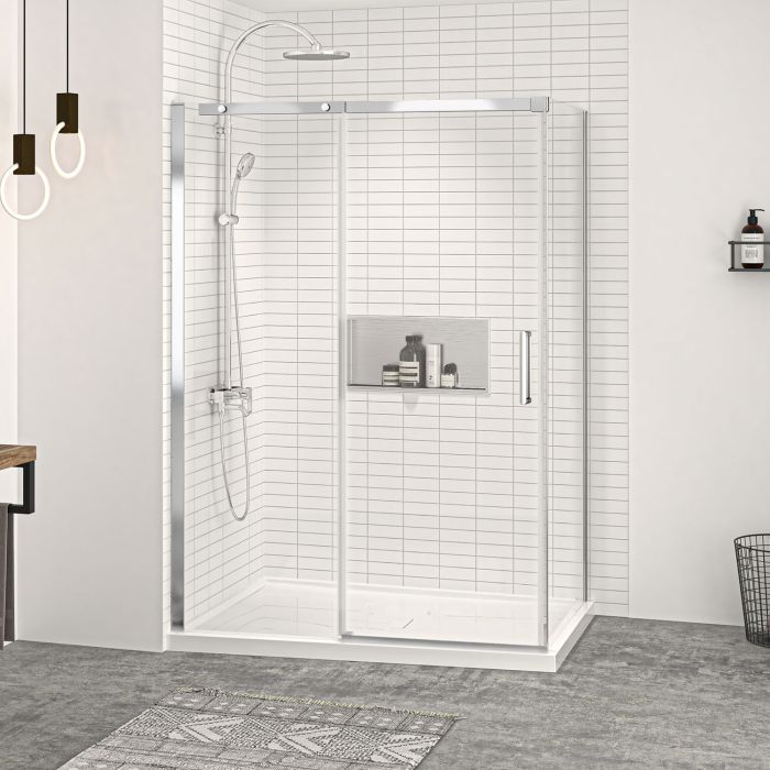 Porte de douche Vague 54 po x 36 po en coin en angle Chrome