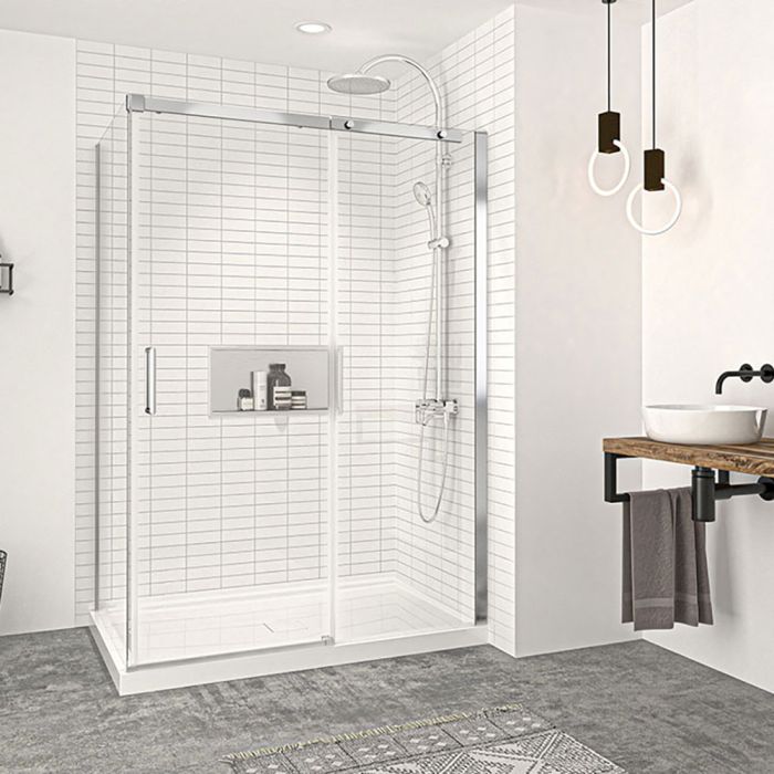 Porte de douche 54 po x Vague 32 po en coin chrome fermeture sur retour mur à droite porte à gauche