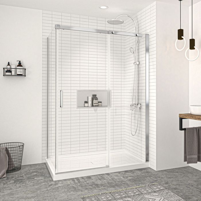 Porte de douche 54 po x Vague 36 po en coin chrome fermeture sur retour mur à droite porte à gauche