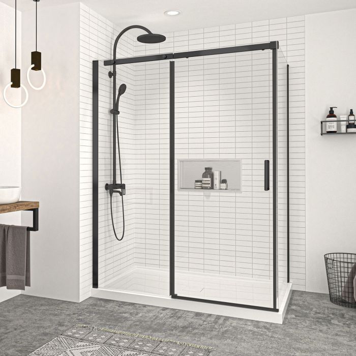 Porte de douche 60 po x Vague 32 po en coin noir mat fermeture sur retour mur à gauche porte à droite