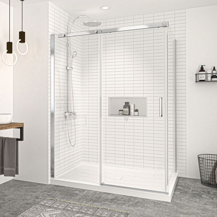 Porte de douche 60 po x Vague 42 po en coin chrome fermeture sur retour mur à gauche porte à droite
