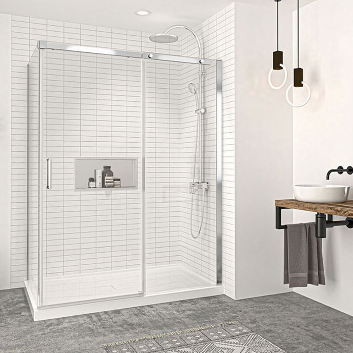 Porte de douche 60 po x Vague 32 po en coin chrome fermeture sur retour mur à droite porte à gauche