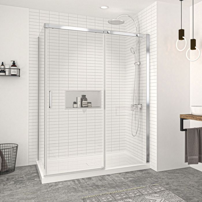 Porte de douche 60 po x Vague 36 po en coin chrome fermeture sur retour mur à droite porte à gauche