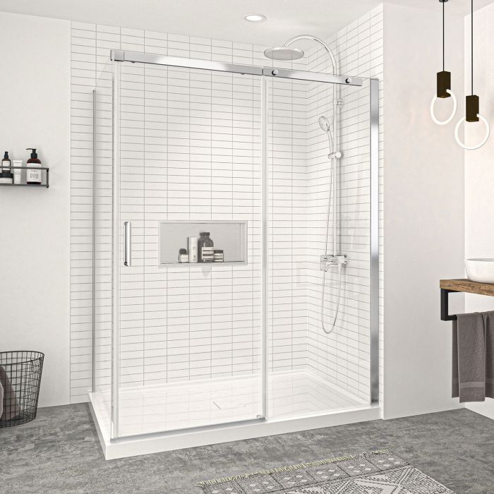 Porte de douche 60 po x Vague 42 po en coin chrome fermeture sur retour mur à droite porte à gauche