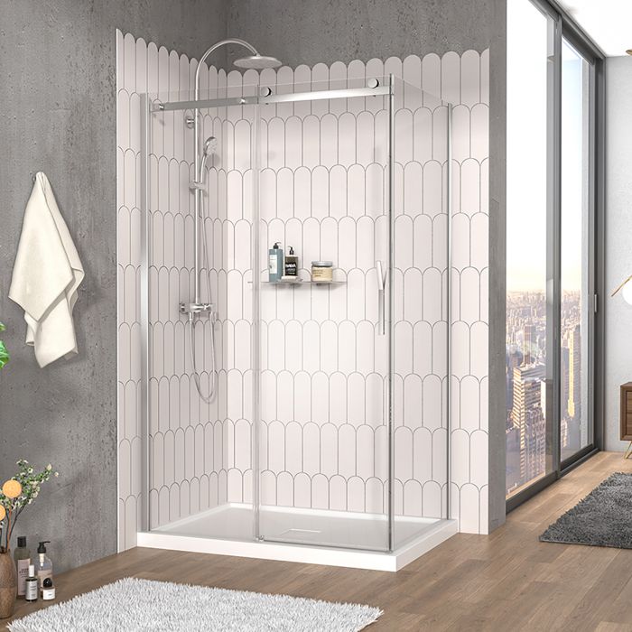 Porte de douche 48 po x Vaia 32 po en coin chrome fermeture sur retour mur à gauche porte à droite