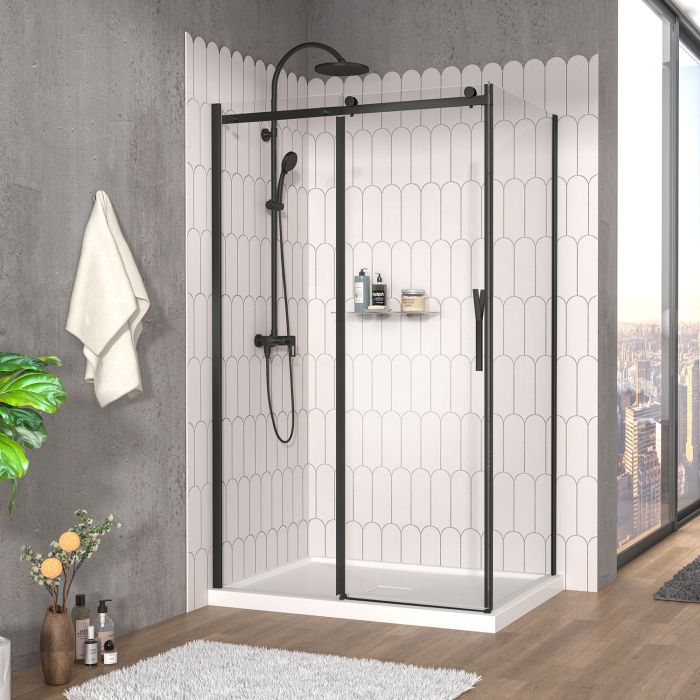 Porte de douche 48 po x Vaia 32 po en coin noir mat fermeture sur retour mur à gauche porte à droite