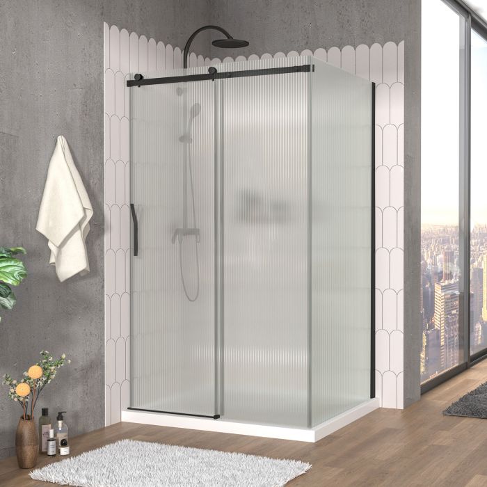 Porte de douche 48 po x Vaia 42 po en coin noir mat fermeture sur mur mur à gauche porte à gauche en noir mat et verre flûte