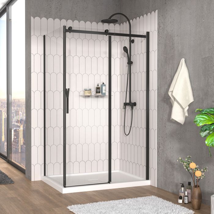 Porte de douche 48 po x Vaia 36 po en coin noir mat fermeture sur retour mur à droite porte à gauche