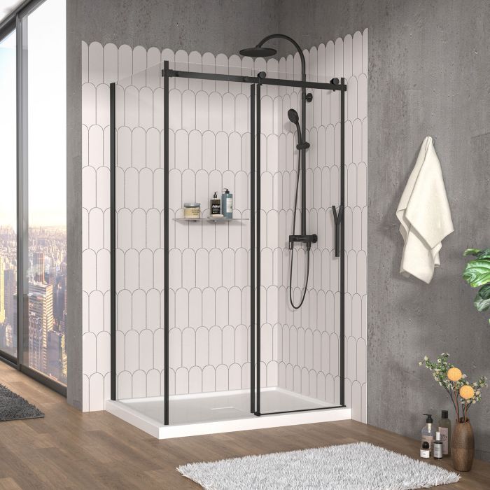 Porte de douche 48 po x Vaia 36 po en coin noir mat fermeture sur mur mur à droite porte à droite