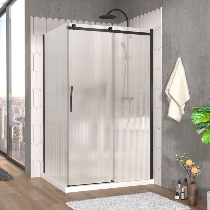 Porte de douche 48 po x Vaia 42 po en coin noir mat fermeture sur retour mur à droite porte à gauche en noir mat et verre flûte