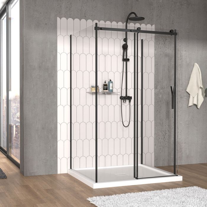 Porte de douche 48 po x Vaia 42 po noir mat sur mur