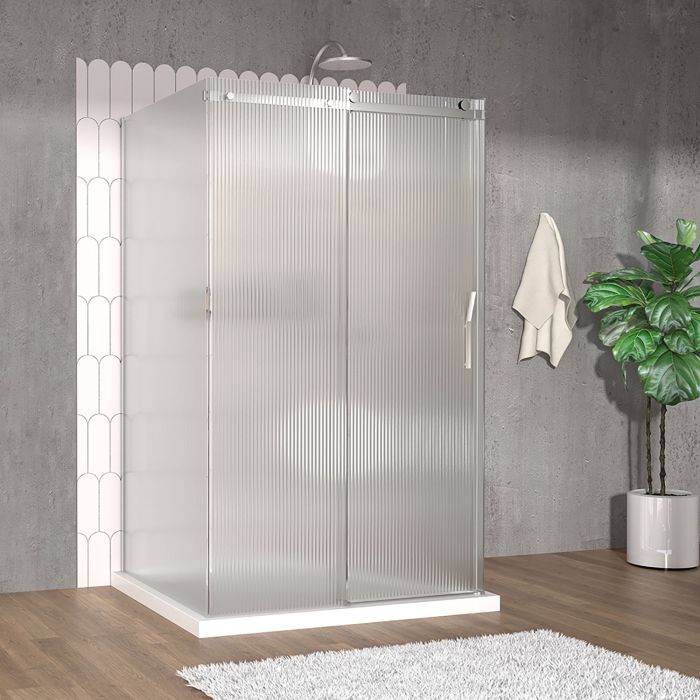 Porte de douche 48 po x Vaia 42 po chrome sur mur porte à droite en chrome et verre flûte