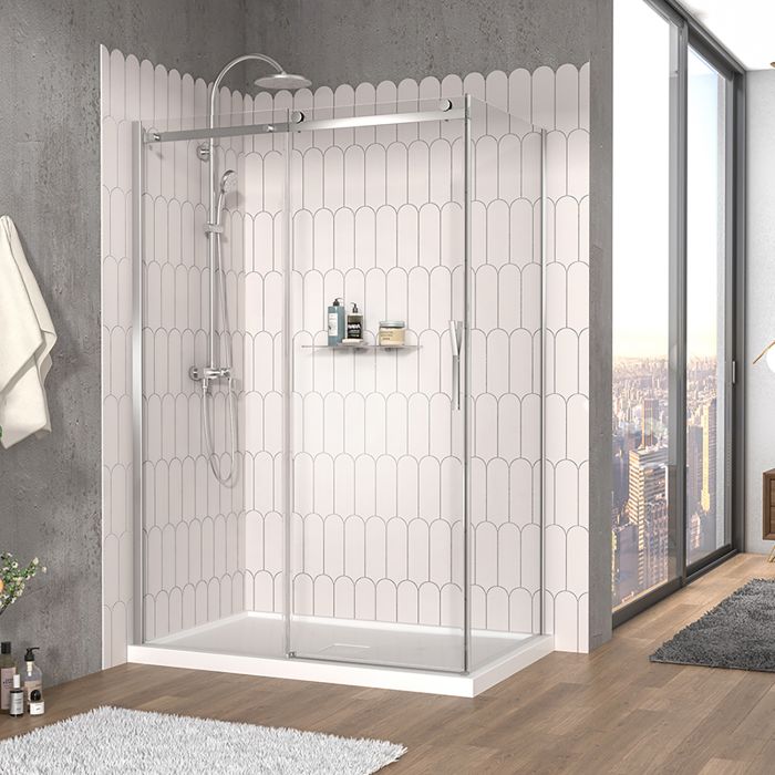 Porte de douche 54 po x Vaia 32 po en coin chrome fermeture sur retour mur à gauche porte à droite