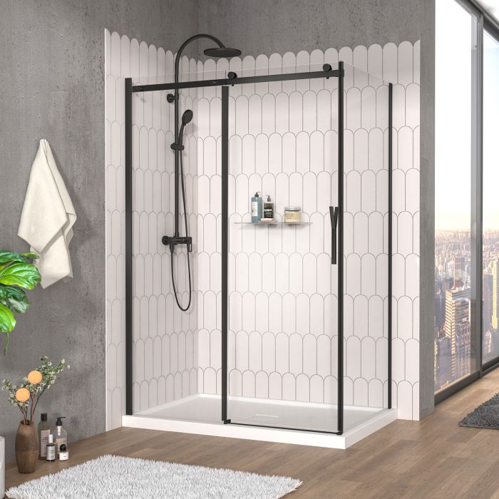 Porte de douche 54 po x Vaia 32 po en coin noir mat fermeture sur retour mur à gauche porte à droite