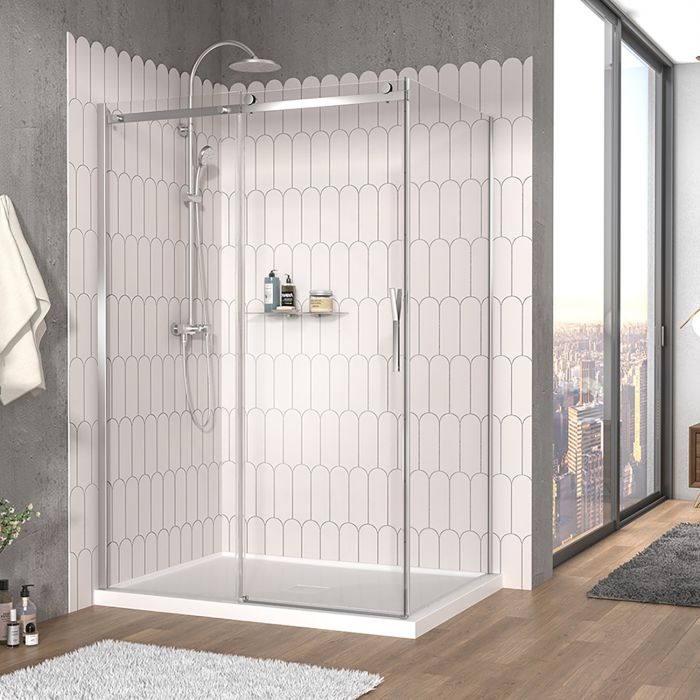 Porte de douche 54 po x Vaia 42 po en coin chrome fermeture sur retour mur à gauche porte à droite