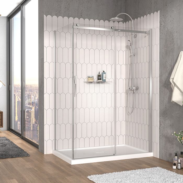 Porte de douche 54 po x Vaia 36 po en coin chrome fermeture sur retour mur à droite porte à gauche