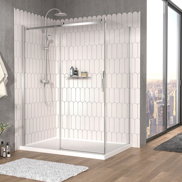 Porte de douche 60 po x Vaia 42 po en coin chrome fermeture sur retour mur à gauche porte à droite