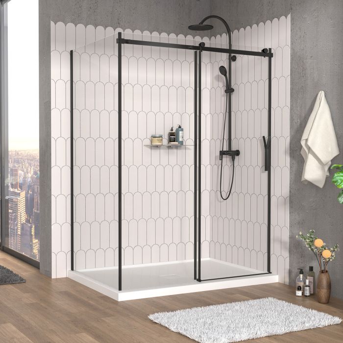 Porte de douche 60 po x Vaia 42 po en coin noir mat fermeture sur mur mur à droite porte à droite