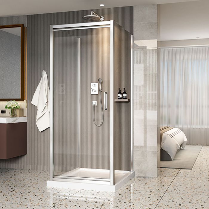 Porte de douche 32 po x Xenia 42 po chrome sur mur carré