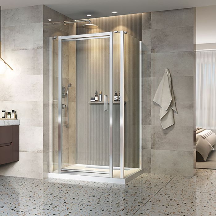 Porte de douche 48 po x Xenia 32 po en coin rectangulaire porte centrée mur à gauche en Chrome