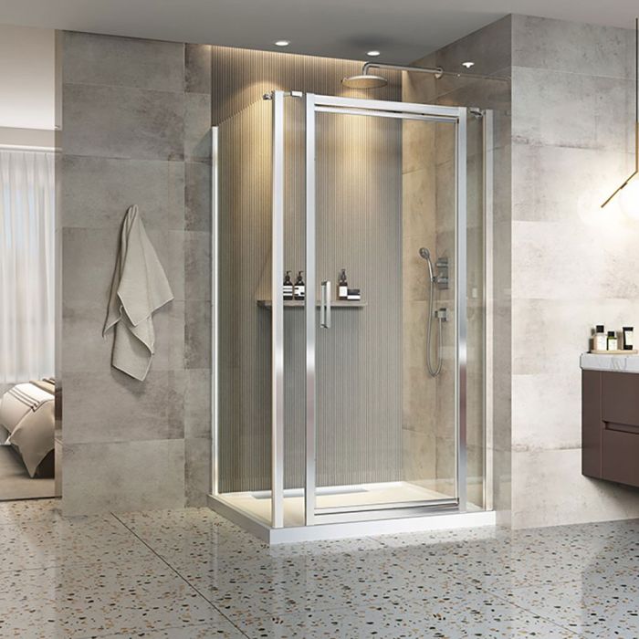 Porte de douche 48 po x Xenia 42 po en coin rectangulaire porte centrée mur à droite en Chrome