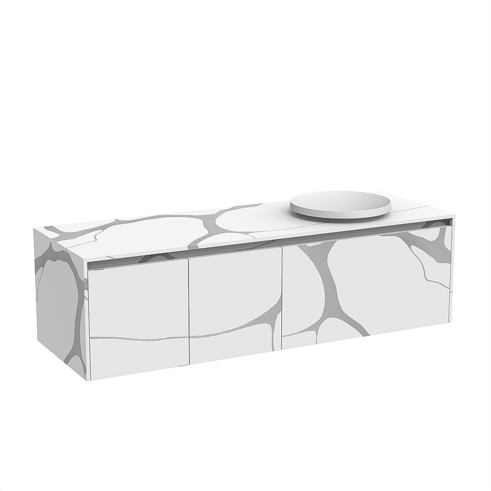 Ensemble Meuble-Lavabo 55" Fini Blanc Marbré Avec Vasque Décentrée À Droite