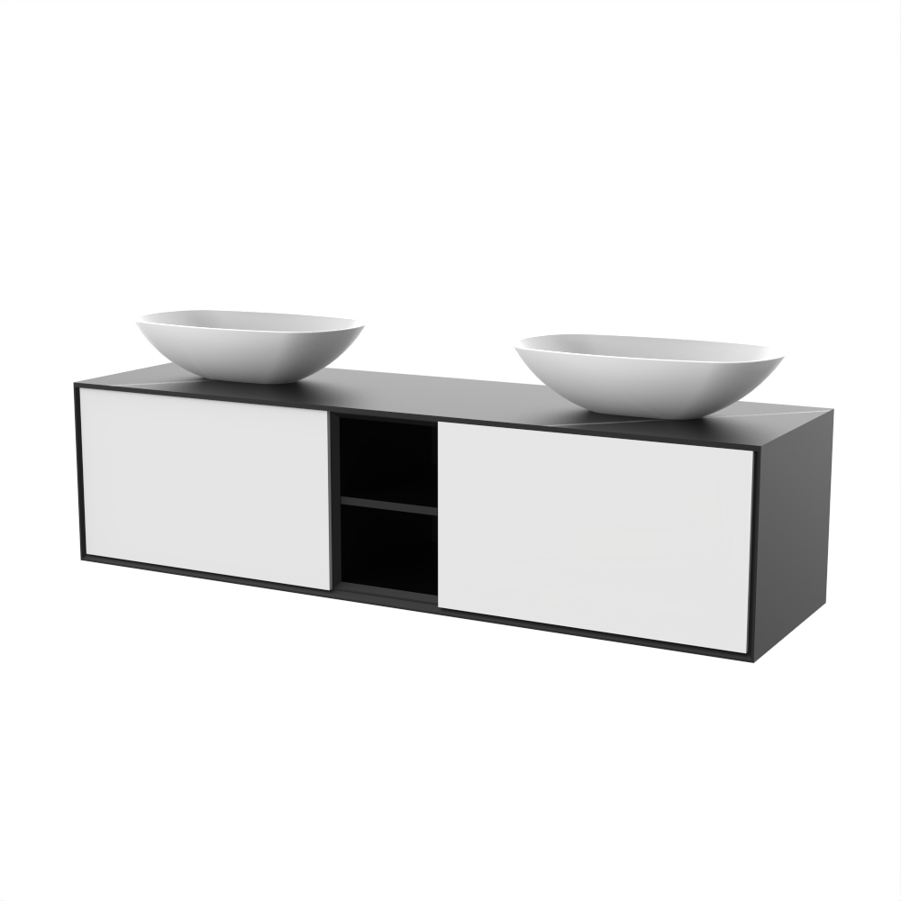 Ensemble Meuble Avec Vasques Double 75" Comptoir Noir Marquina & Façades Blanches