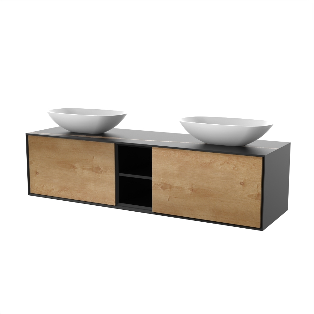 Ensemble Meuble Avec Vasques Double 75" Comptoir Noir Rayé Or & Façades Chêne Bois Naturel