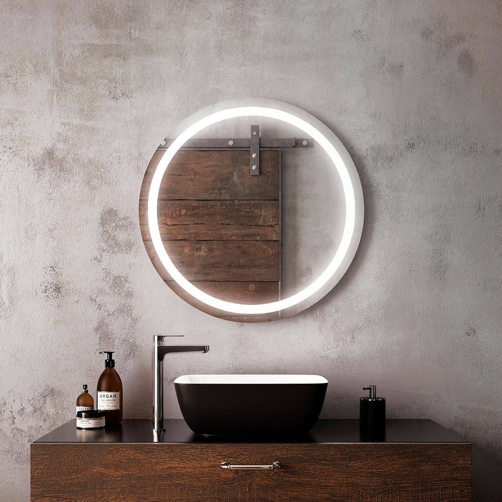 Effect Rond Miroir à Éclairage Del 30 X 30 avec Bande Givrée à L'intérieur et Interrupteur Tactile 2 Tons