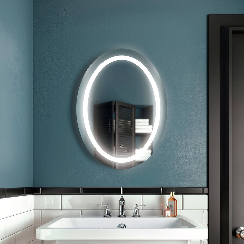 Effect Ovale Miroir à Éclairage Del 24 X 32 avec Bande Givrée à L'intérieur et Interrupteur Tactile 2 Tons