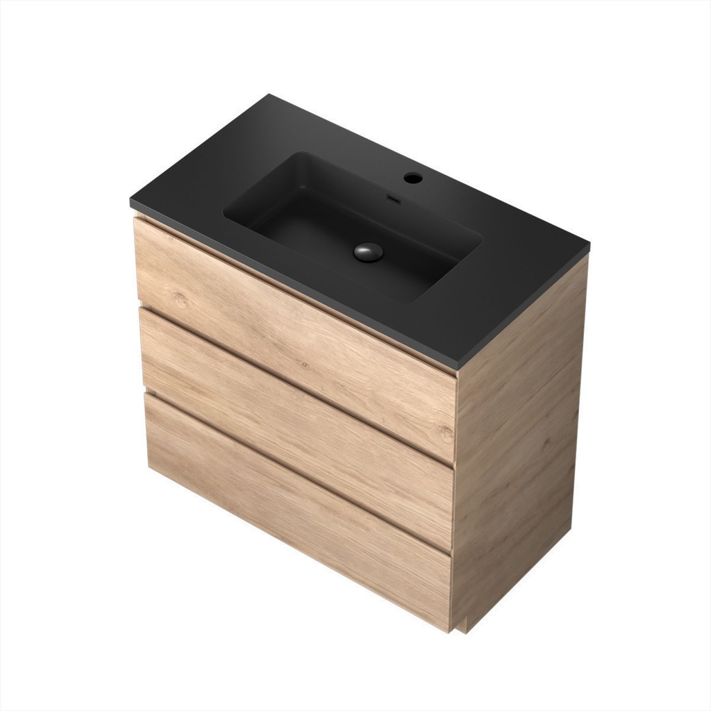 Meuble-lavabo de Plancher Berlin 36" Chêne Contemporain avec Dessus en Quartz Noir